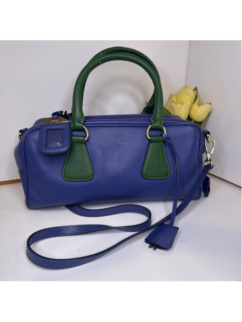 Authentic PRADA 2Way Bag Hand Bag Shoulder Bag Blue Green Used F/S